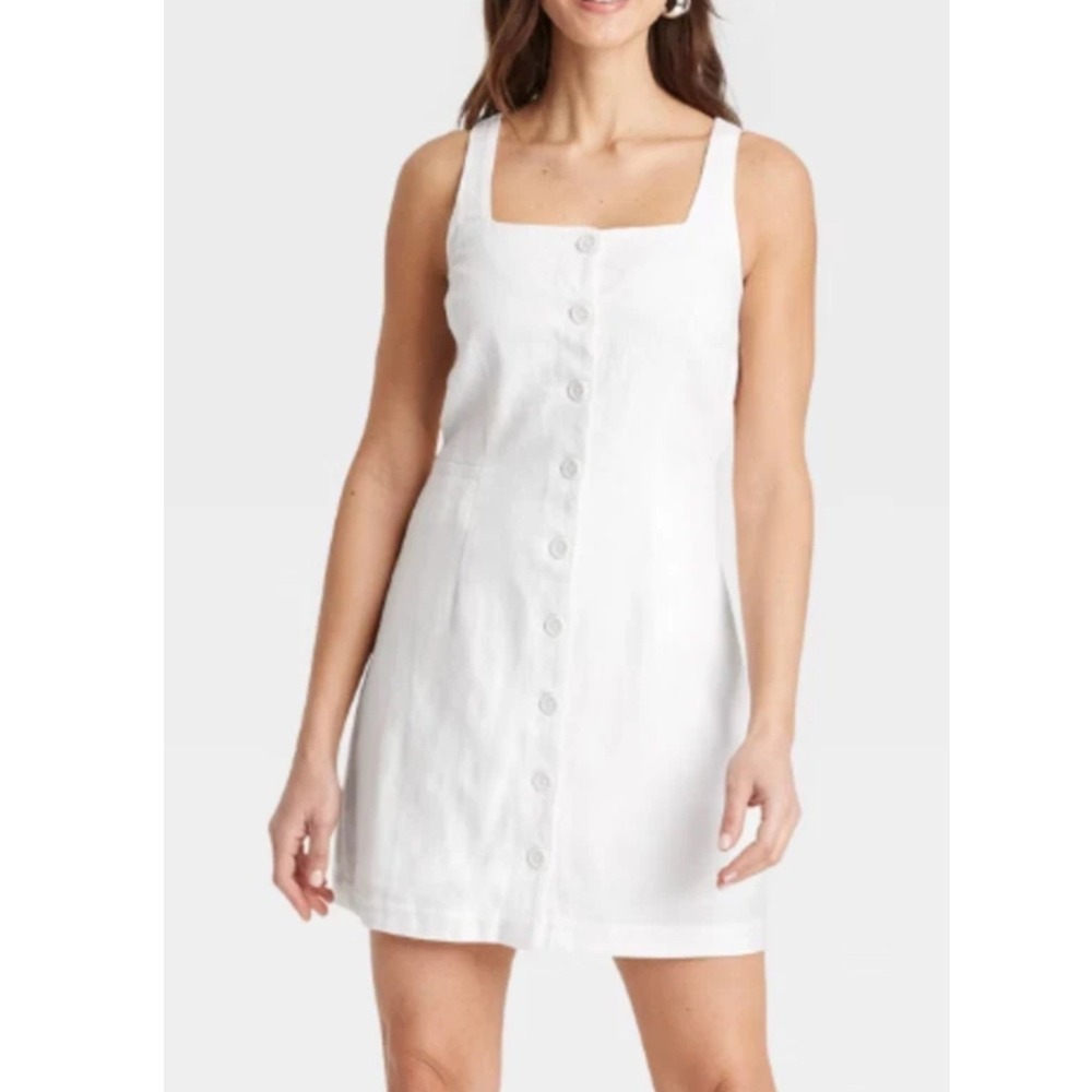 A New Day Mini Vest Dress Women M White New Button Front Linen Blend Square Neck